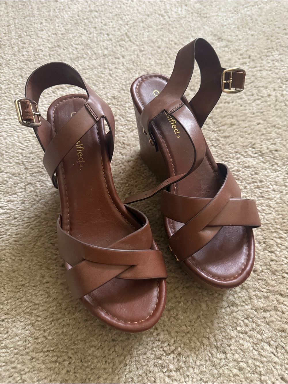 Cityclassified Tan Crisscross Wedge Sandals with Ankle Buckle
